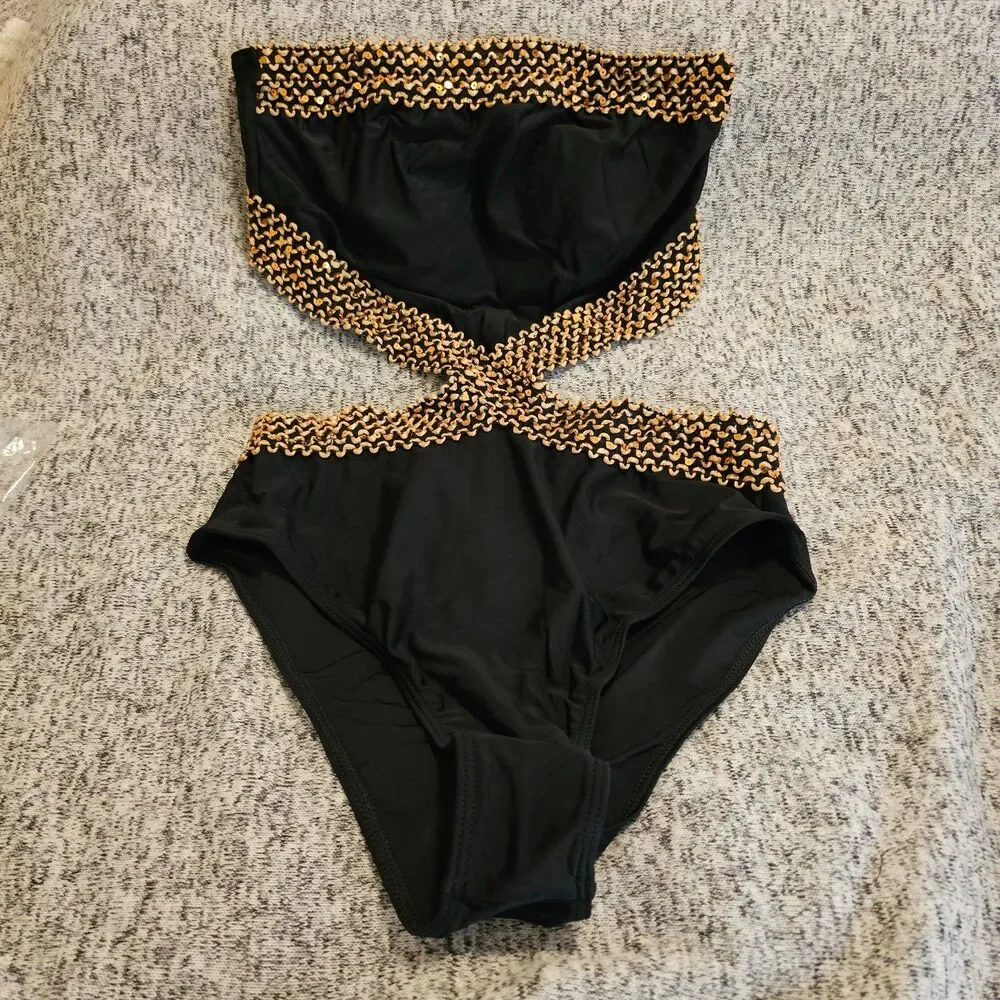 New Women's Small Stitch Cut Out One Piece Swimsuit Black & Gold Swimwear - Picture 2 of 5